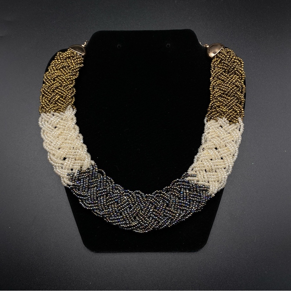 Woven Braid Seed Beads Wide Necklace Cream Cooper Peacock